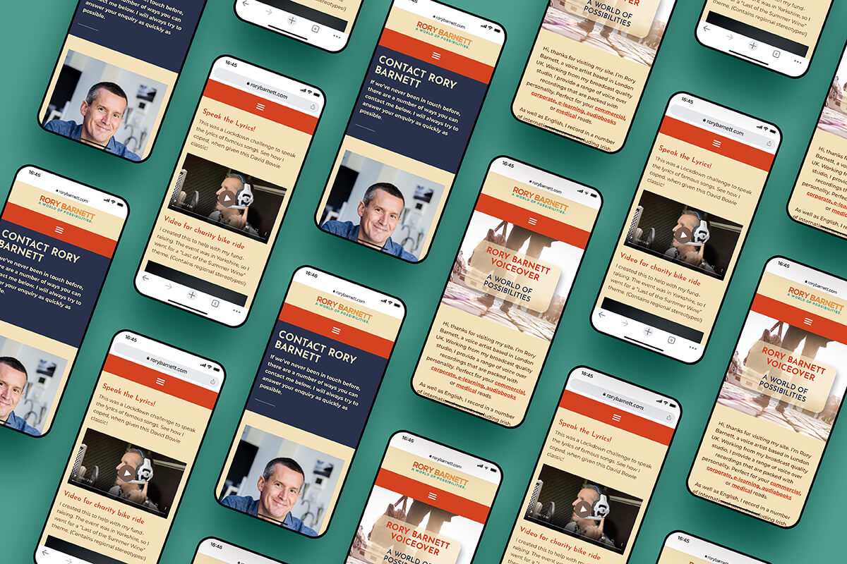 Rory's voice over website shown on mobile phones, designed by Helen Bee from B Double E.