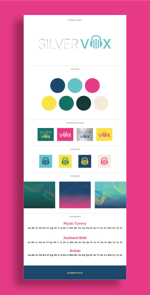 Silver VOX voiceover brand showing logos, colours, patterns and fonts.