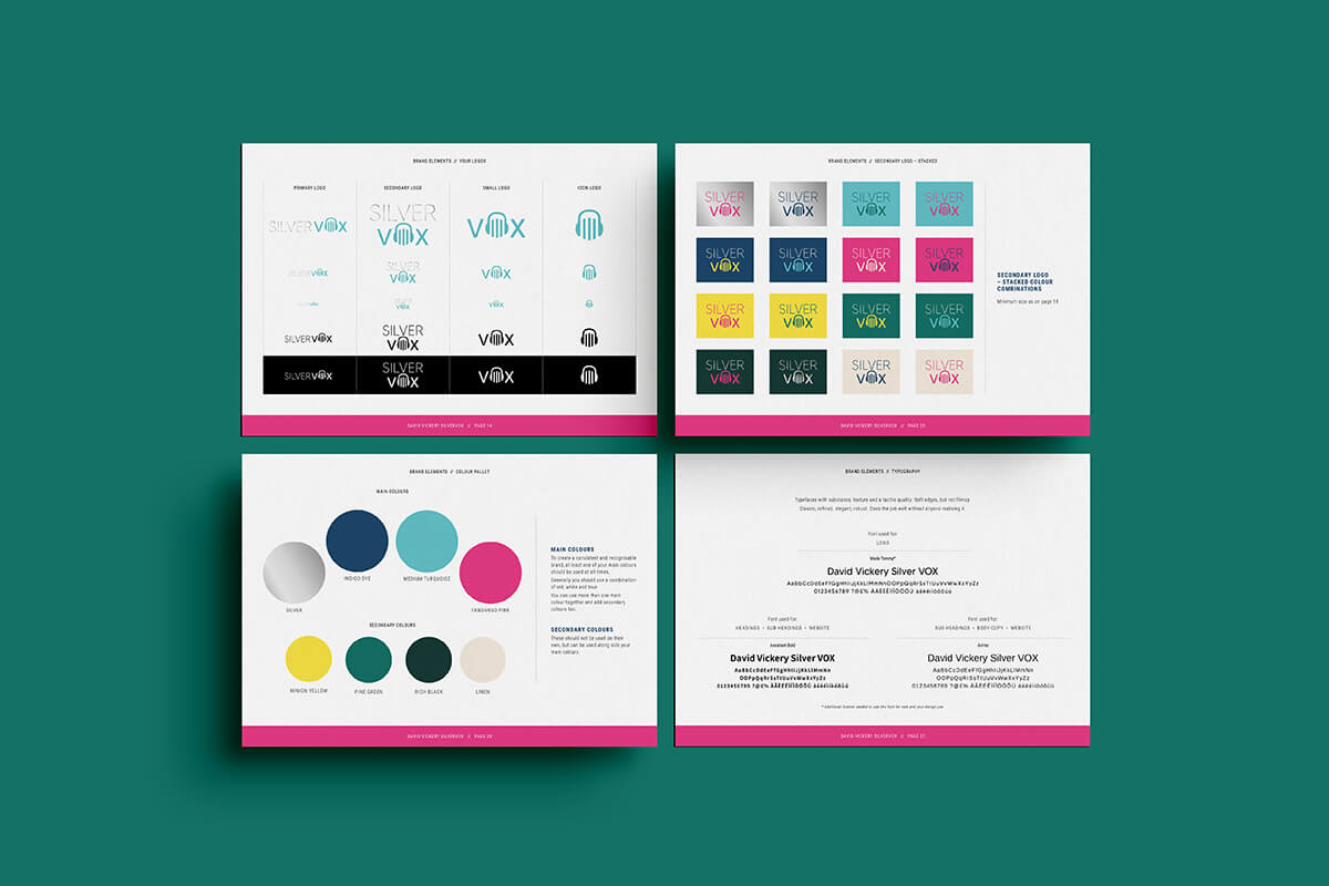 Page from Silver VOX voiceover brand guideines showing logos, colours and typeography.