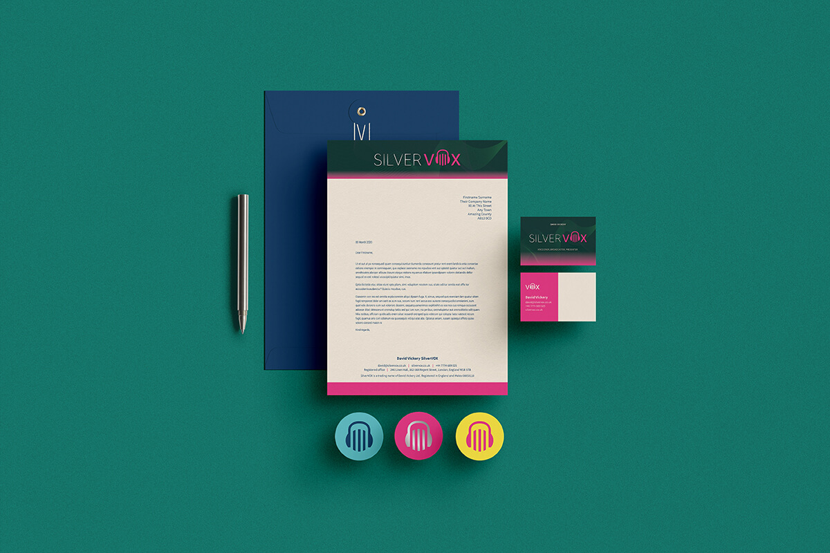 Silver VOX voiceover stationery including business card, letterhead and stickers.