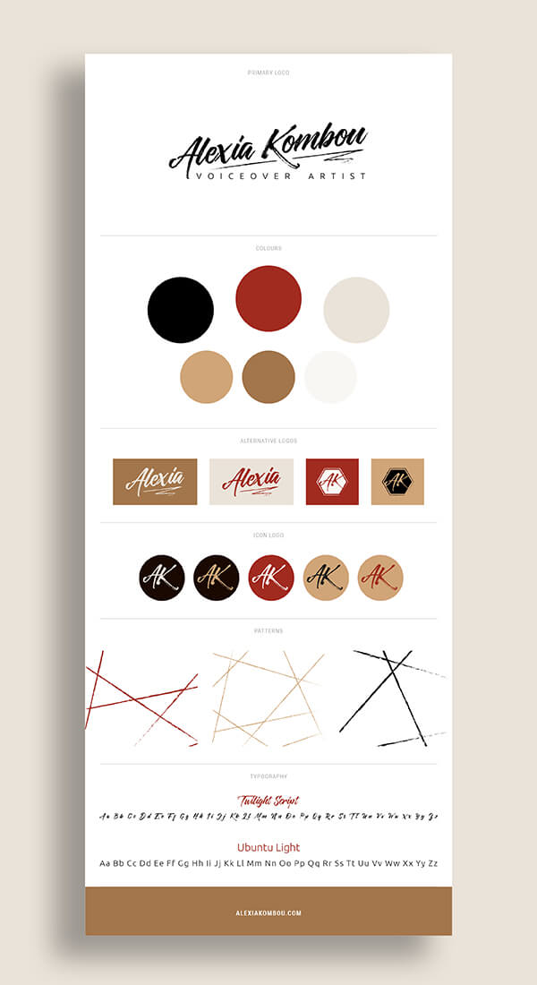 Image showing elements of Alexia's voiceover brand including logos, colour, typography and brand pattern.