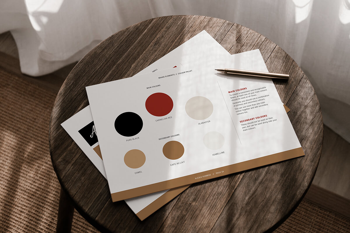 Pages from Voiceover Alexia's brand guidelines showing her colour pallet and secondary logos.