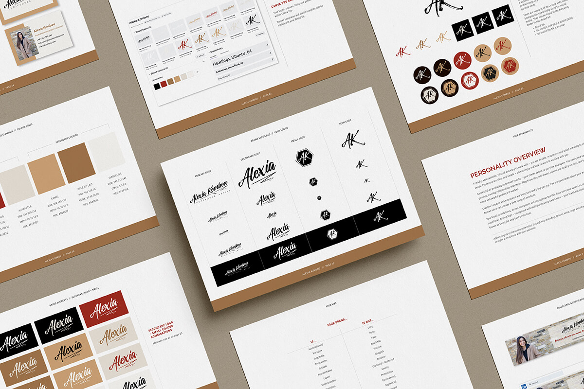 Pages from Voiceover Alexia's brand guidelines showing various logo options, brand vibe and personality wording.