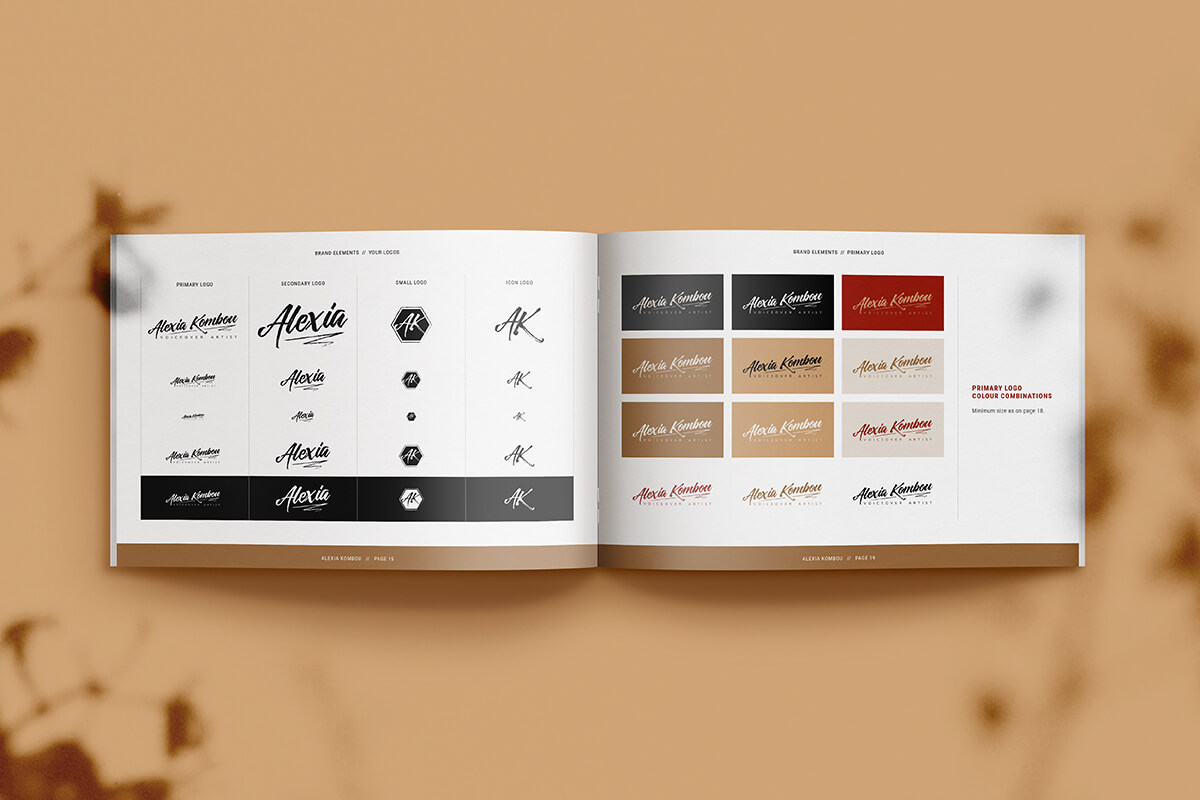 Pages from Alexia's brand guidelines showing primary, secondary, small and icon logos.