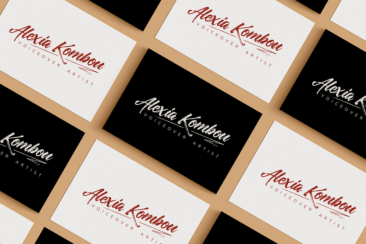 Alexia Kombou Voiceover Artist logo shown in off-white on a black background and deep red on an off-white background.