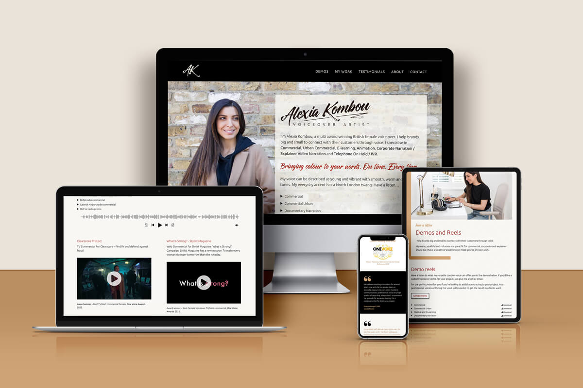 Website for Alexia Kombou shown on desktop, laptop, mobile and tablet.