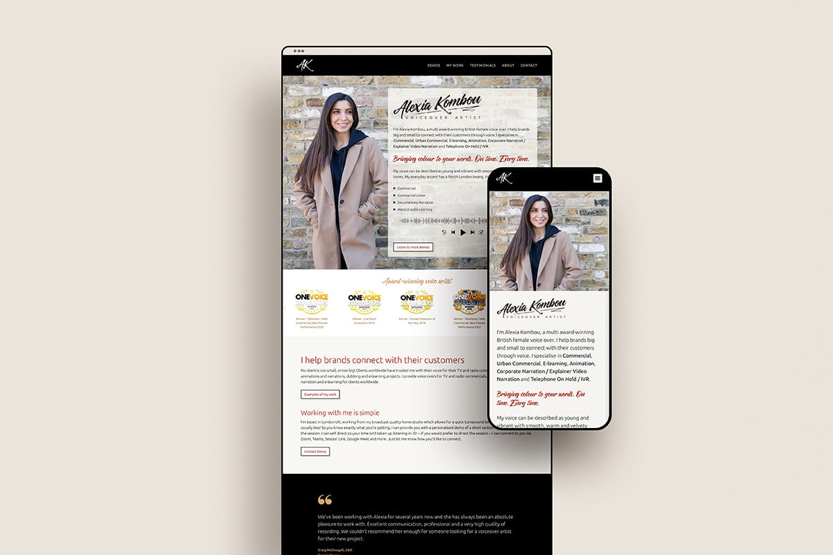 Home page shown on mobile and browser screen for voice over Alexia.