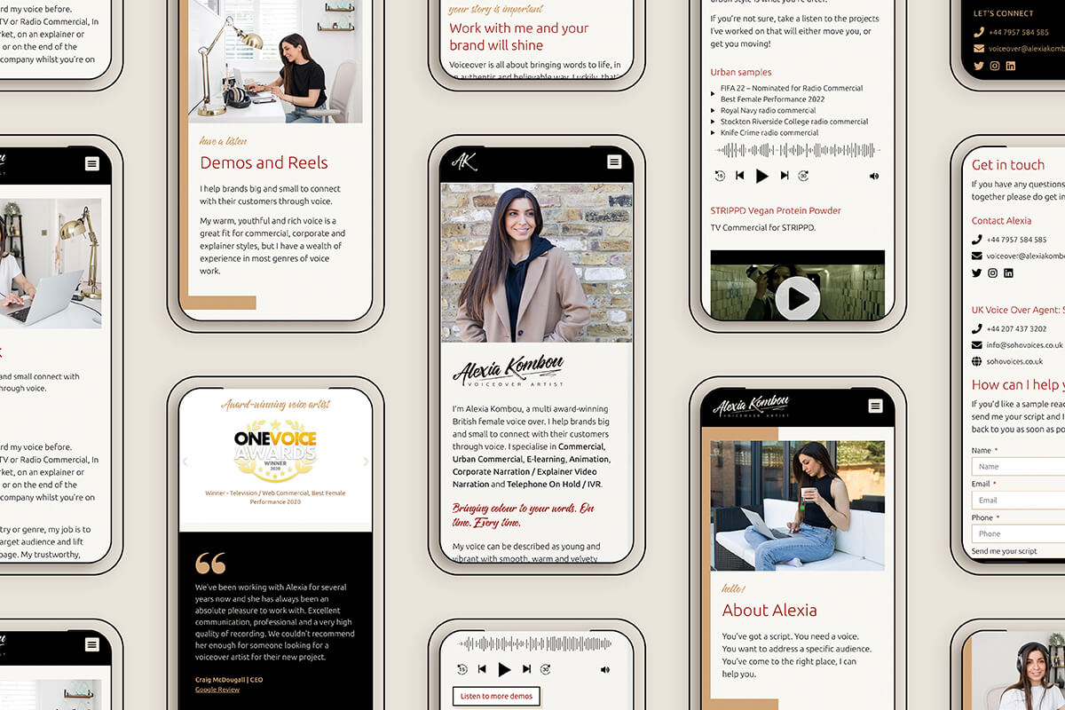 Multiple pages from Alexia's website shown on mobile phones.