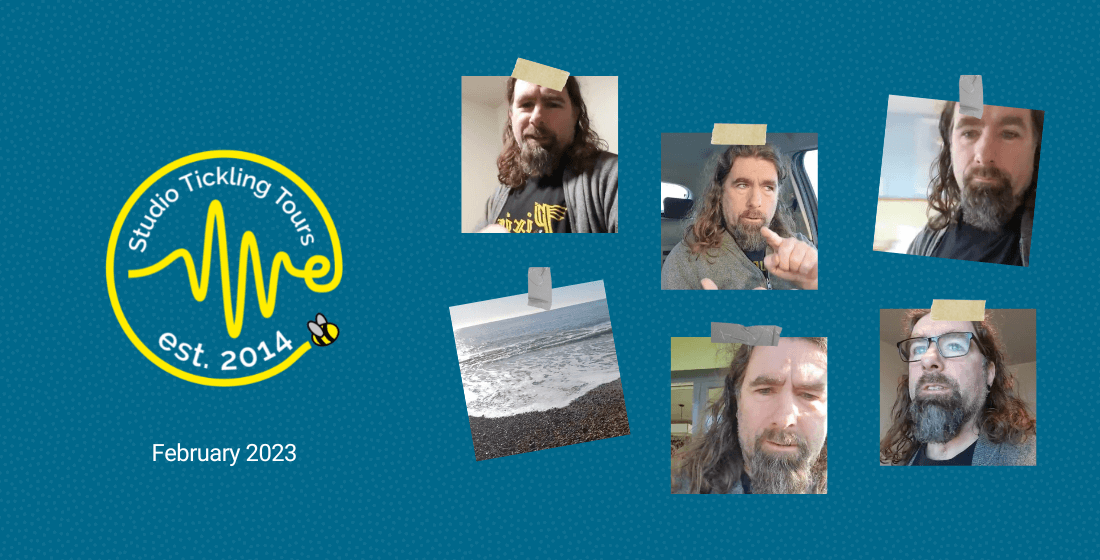 Photo collage of Rob Bee on his Studio Tickling Tour in Feb 2023.