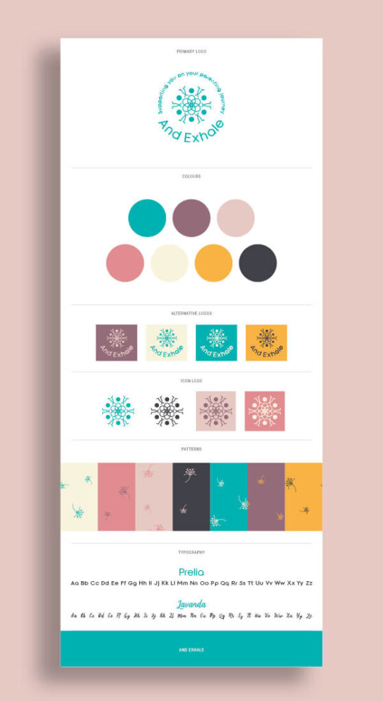 and exhale brand board showing logo, colour, pattern and typography.