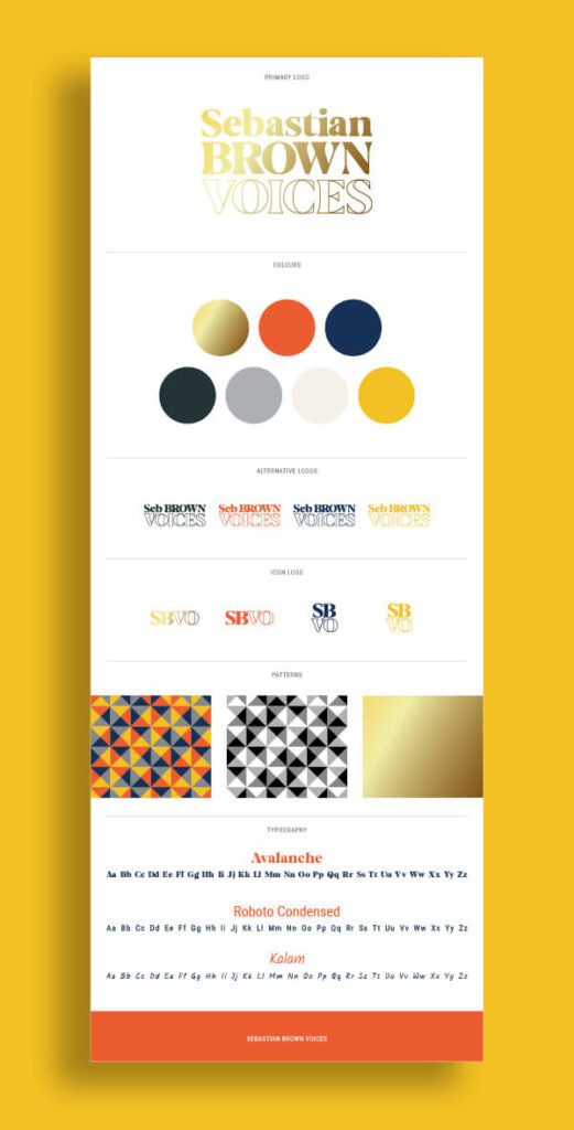 seb brown brand board showing logos, colour, type and patterns.