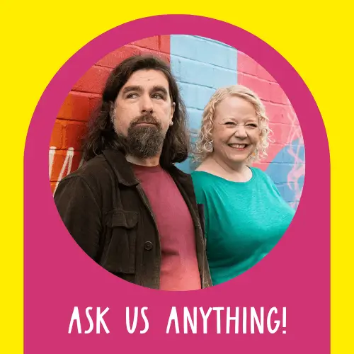 Photo of Helen & Rob Bee on a bright yellow and pink background with text saying 'ask us anything!'.