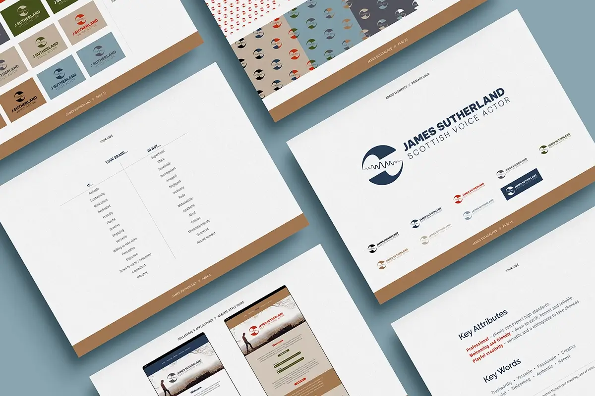 James Sutherland's branding showing pages from his brand guides.
