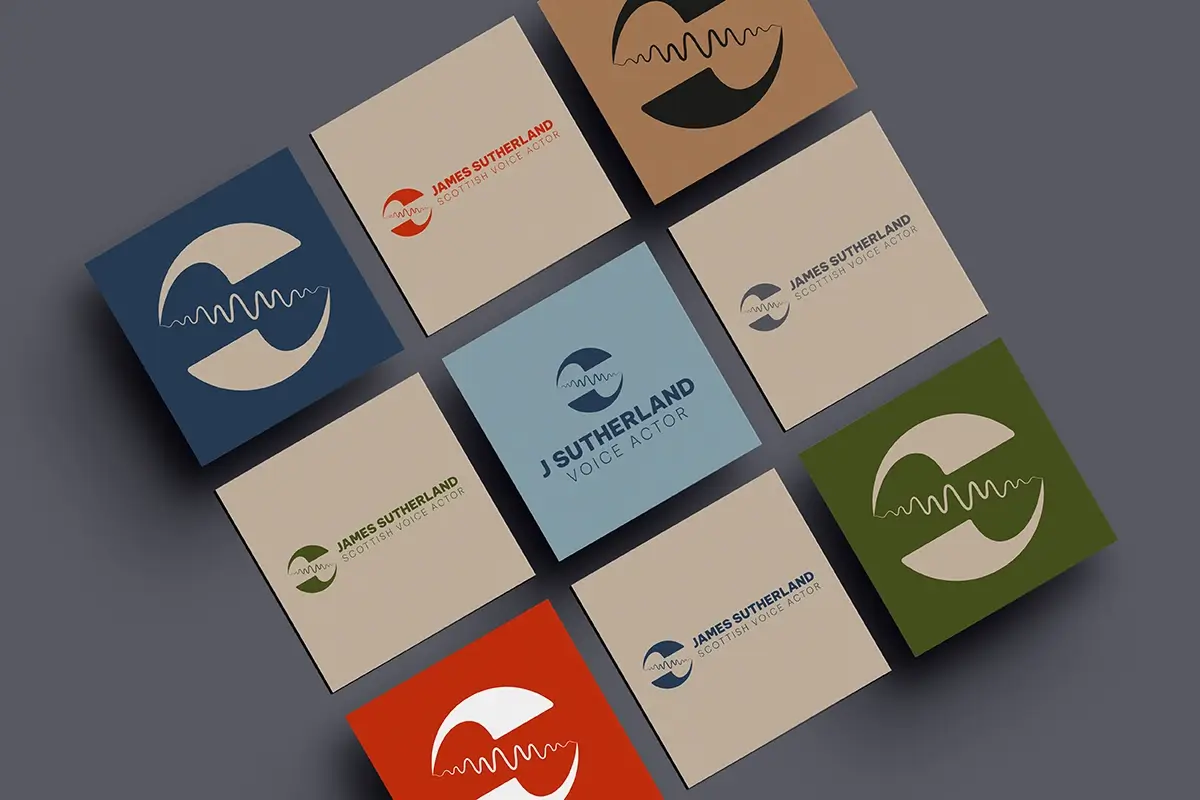James Sutherland's branding showing various logo lockups in different colours.