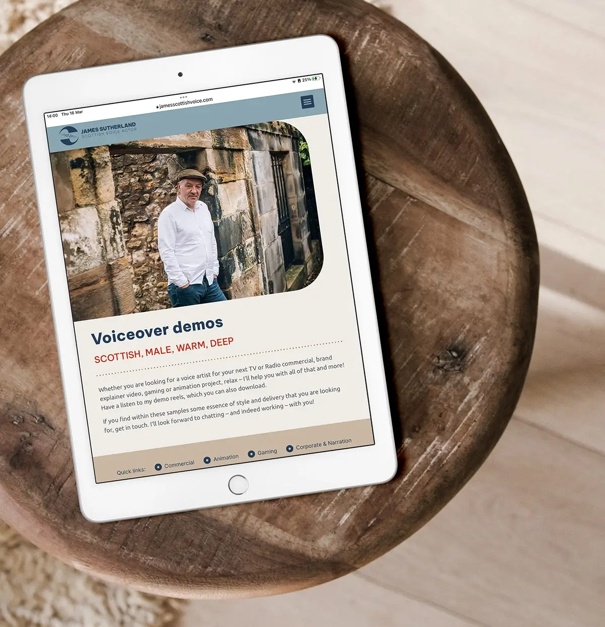 James Sutherland's website showing his demo page in an ipad.