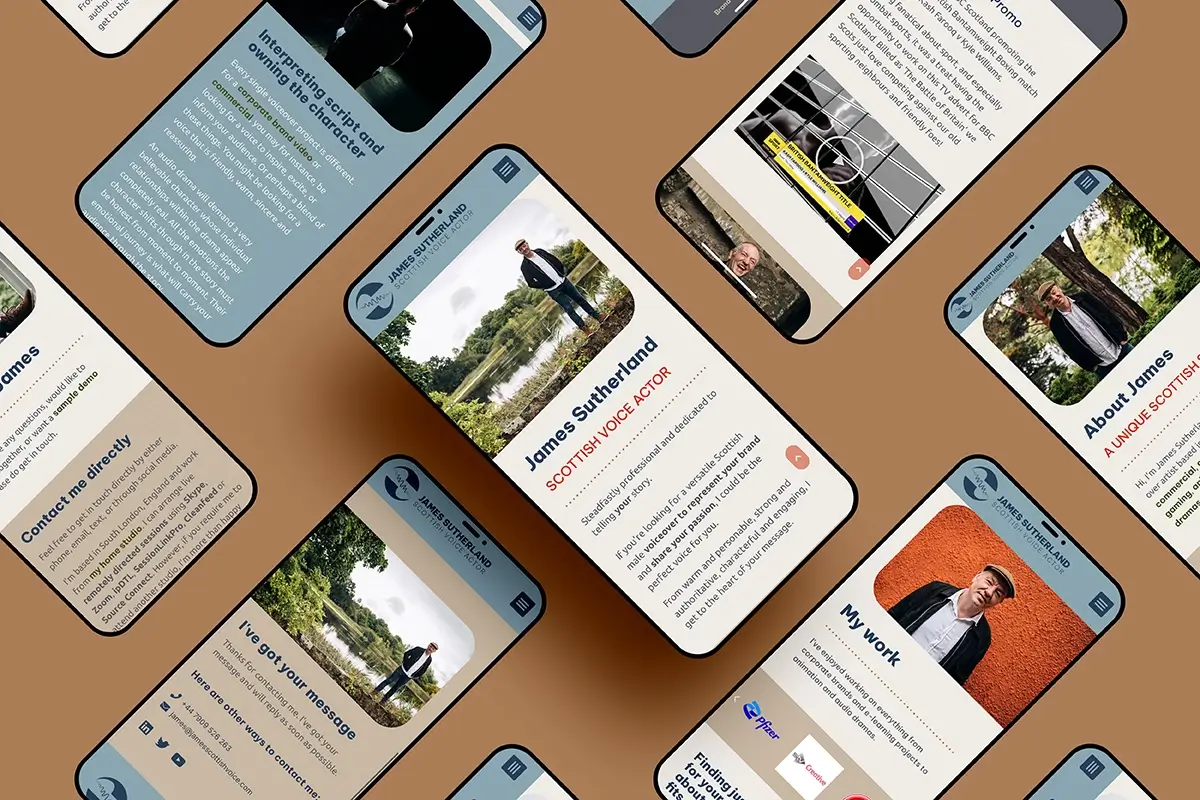 Various screens from James Sutherland's website on mobile phones.