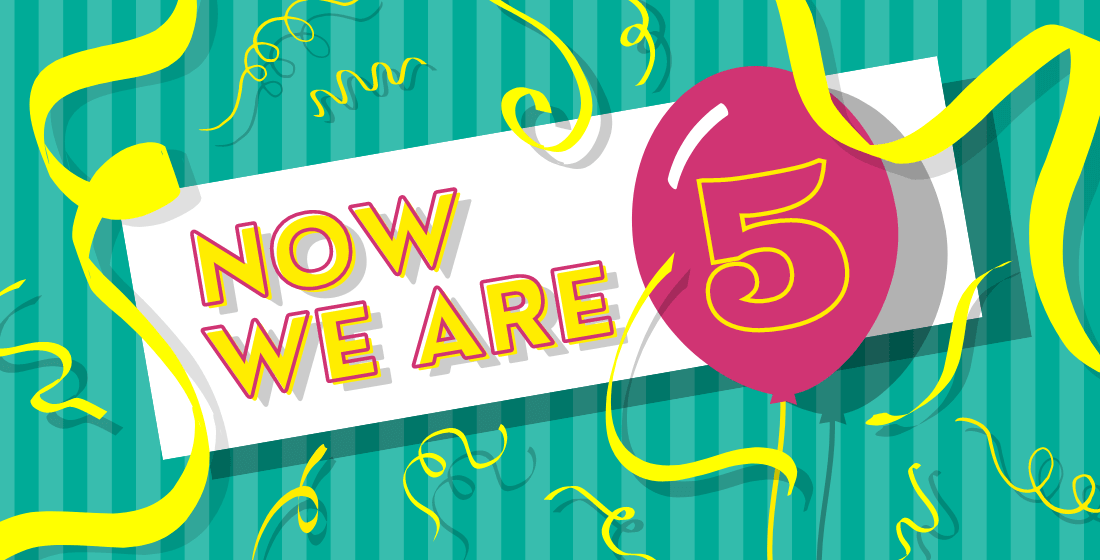 Bright birthday banner with a balloon and streamers saying 'now we are five'.