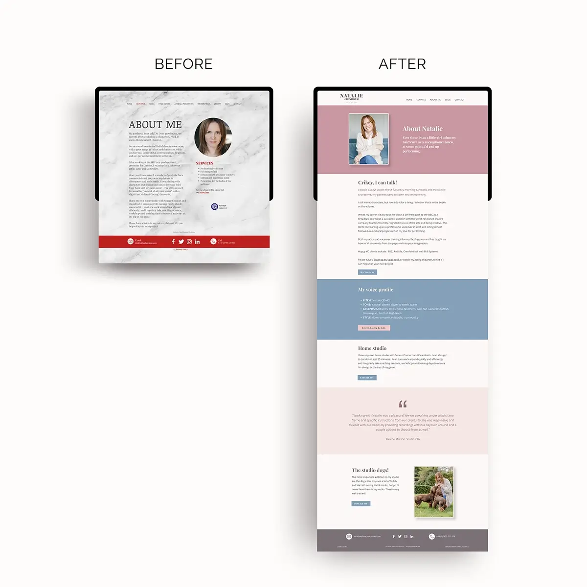 Natalie's website about page shown before and after working with Helen Bee.