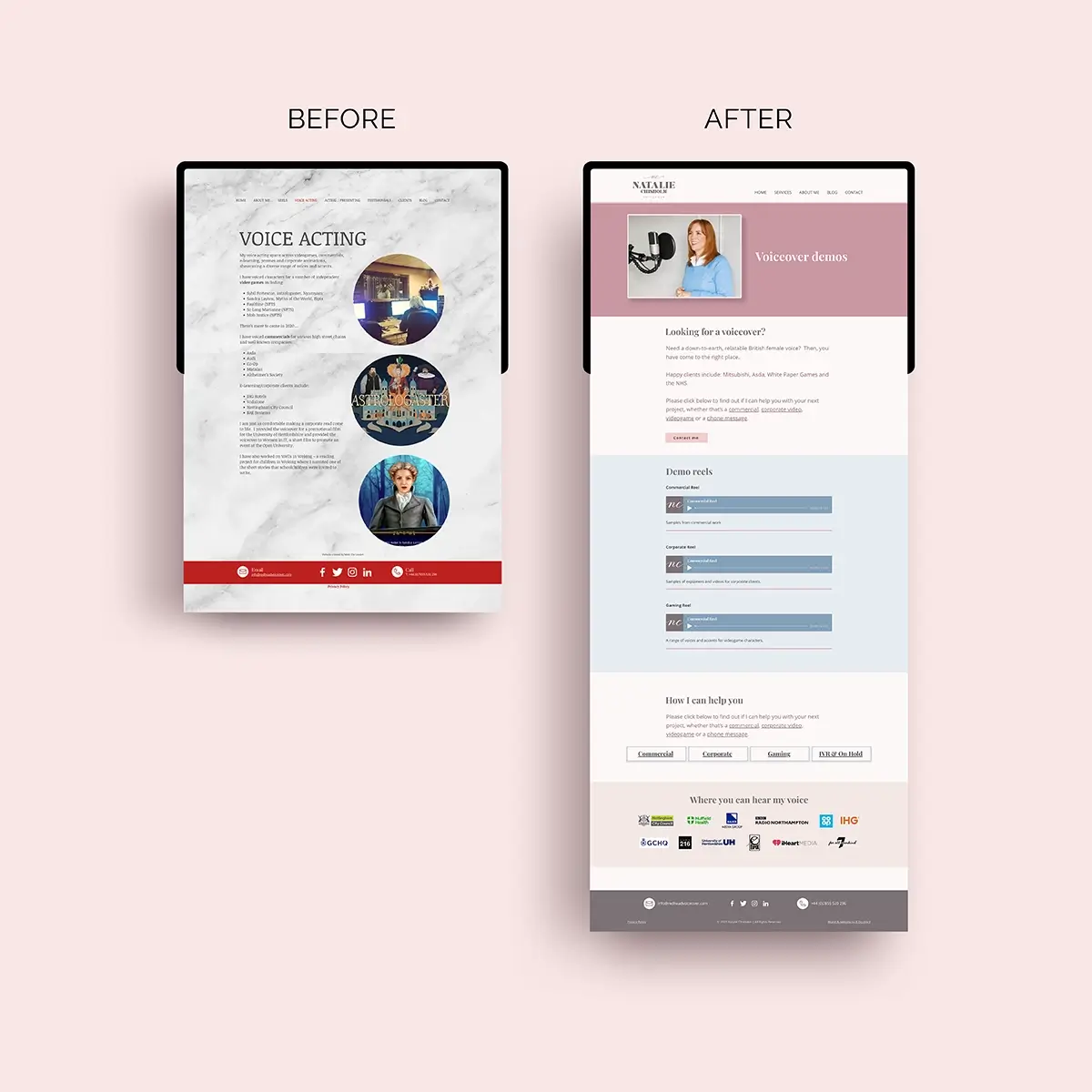 Natalie's website demo page shown before and after working with Helen Bee.