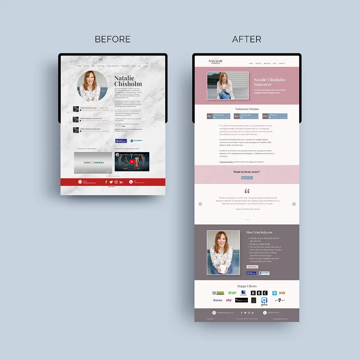 Natalie's website homepage shown before and after working with Helen Bee.
