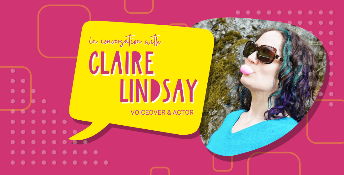 Claire Lindsay blowing bubblegum, with a speach bubble saying 'interview with voice over Claire'