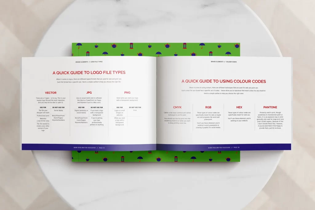 Pages from brand guidelines by Helen Bee from B Double E showing colour and file format guides.