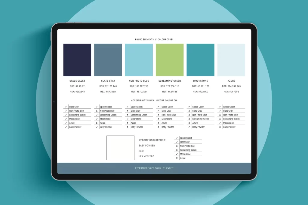 Sample brand guidelines by Helen Bee from B Double E showing a website colour palette and colour use guide.
