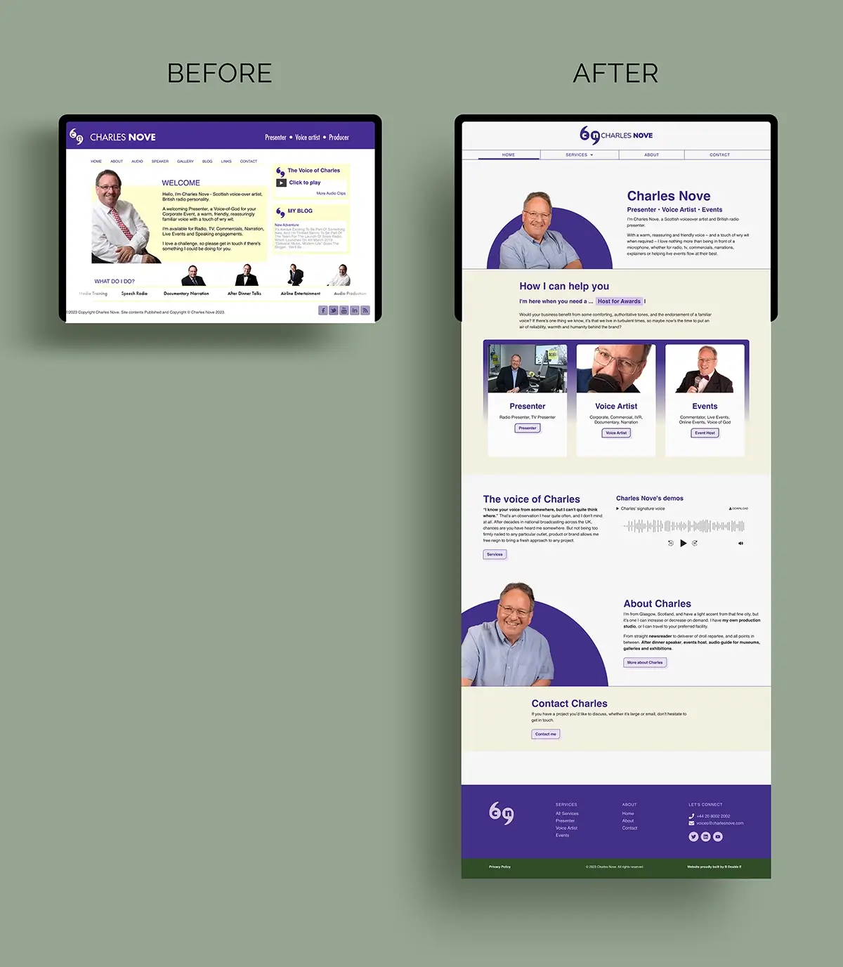Charles Nove's website shown before and after working with Helen Bee from B Double E.