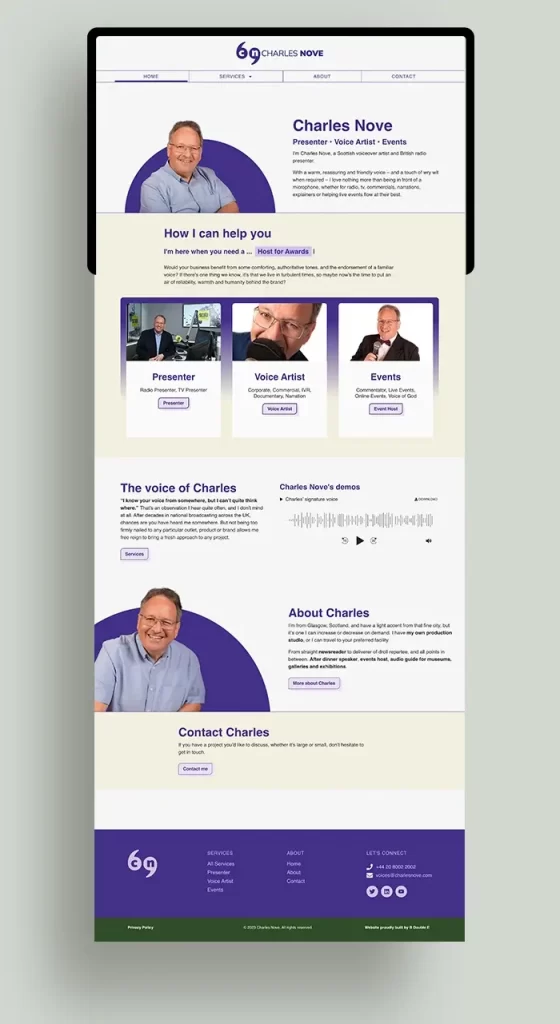 Presenter and Voice Artist Charles Nove's website home page in full.