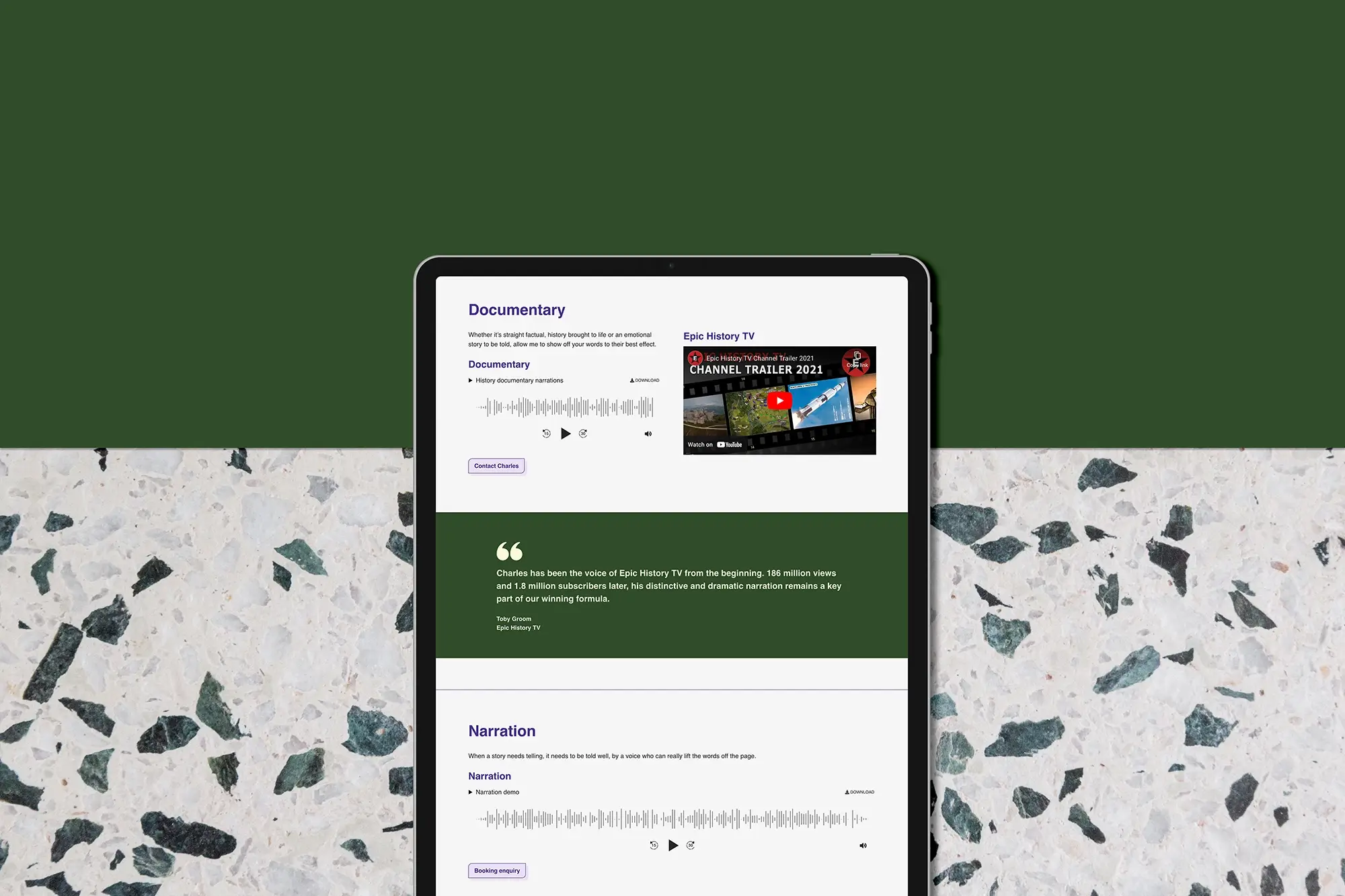 Presenter and Voice Artist Charles Nove's website shown on an ipad.
