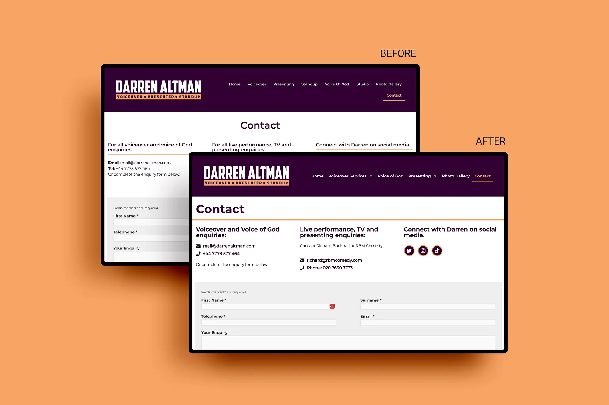 Before and after screenshots of Darren's voiceover website.