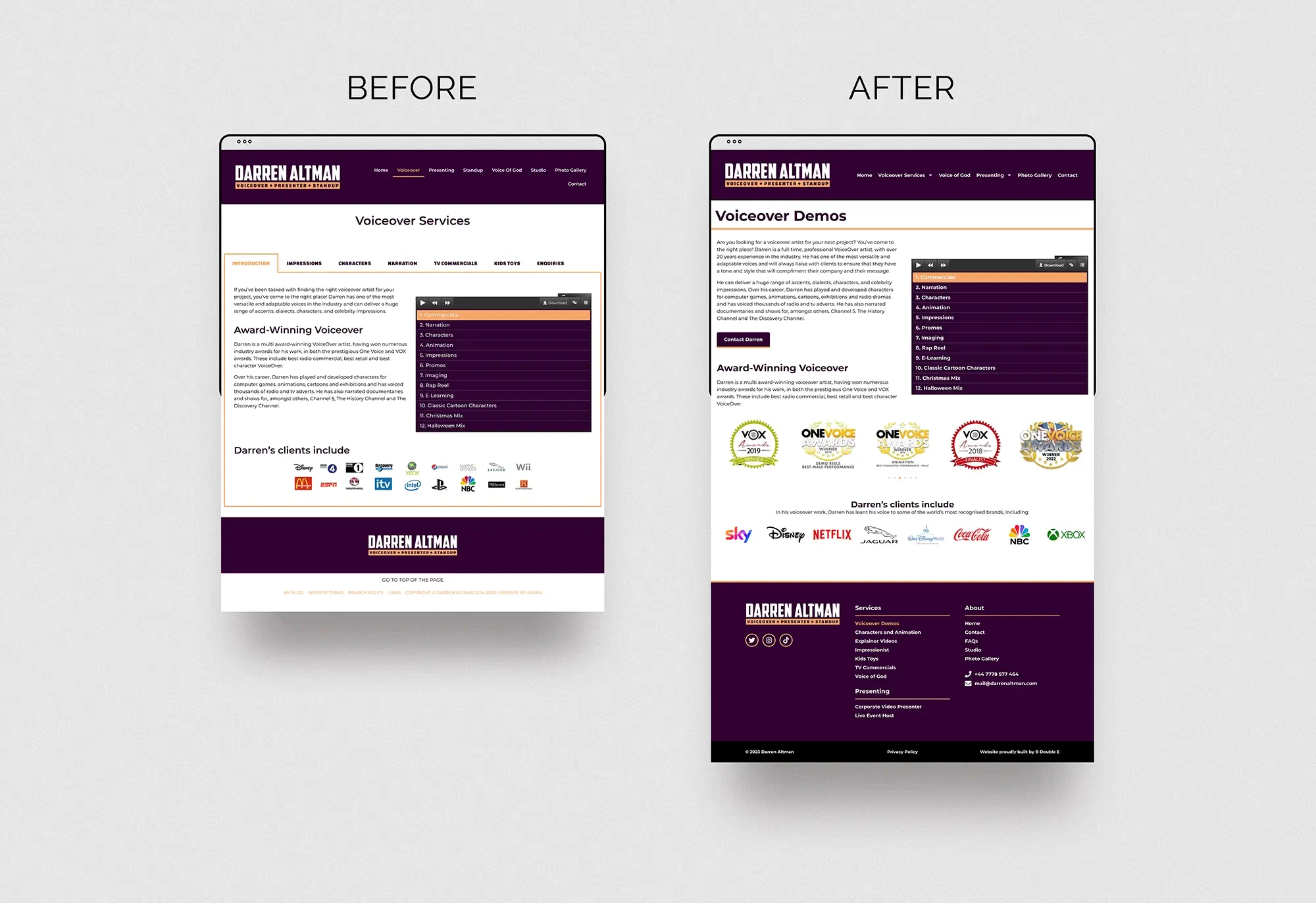 Before and after screenshots of Darren's voiceover website demos page.