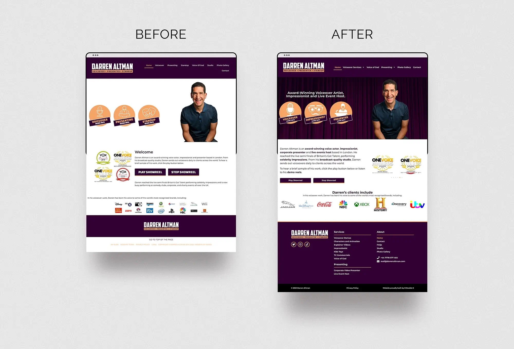 Before and after screenshots of Darren's voiceover website home page.