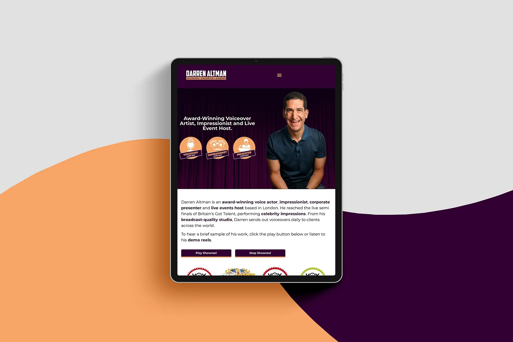 Image of Darren's website on an ipad.