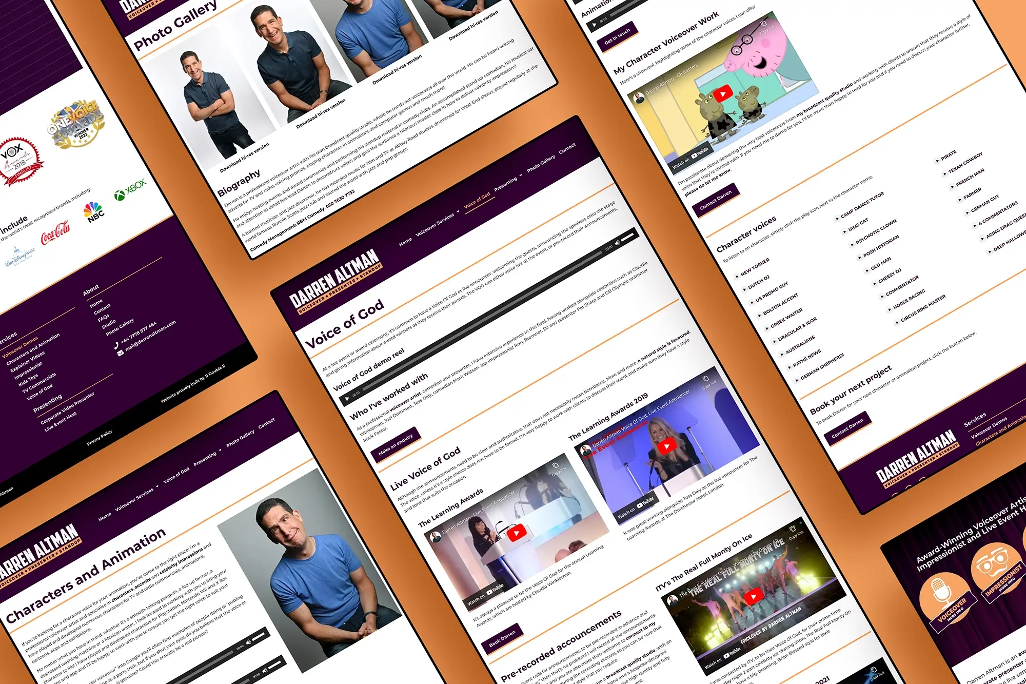 Various screenshots of Darren's voice over website shown on a laptop.