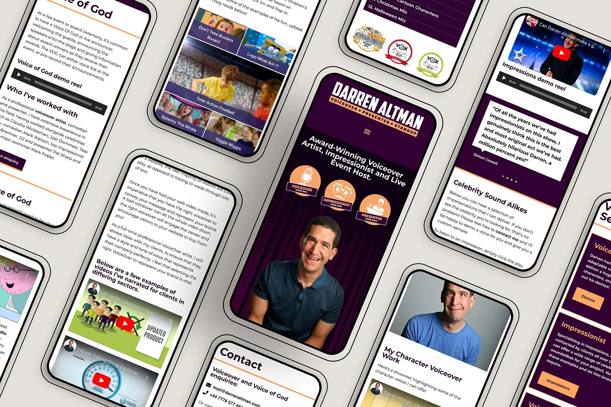 Various screenshots of Darren's voice over website shown on a mobile phone.