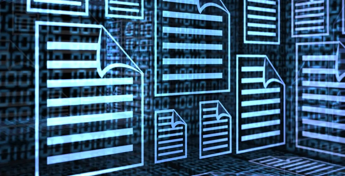 Abstract image of computer file icons in a neon blue on a dark blue background.