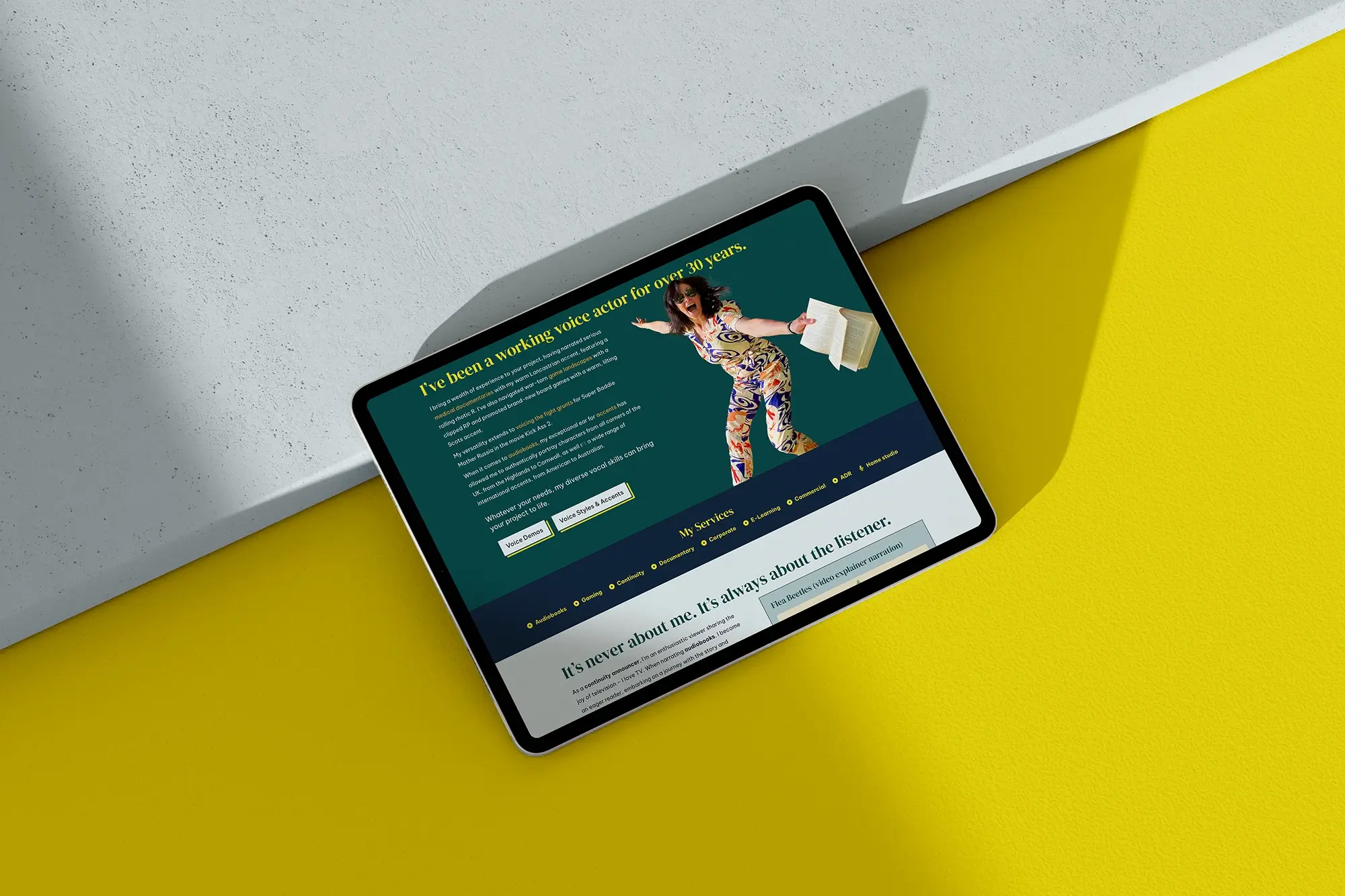 Kate Walsh voice actor website about page on ipad.