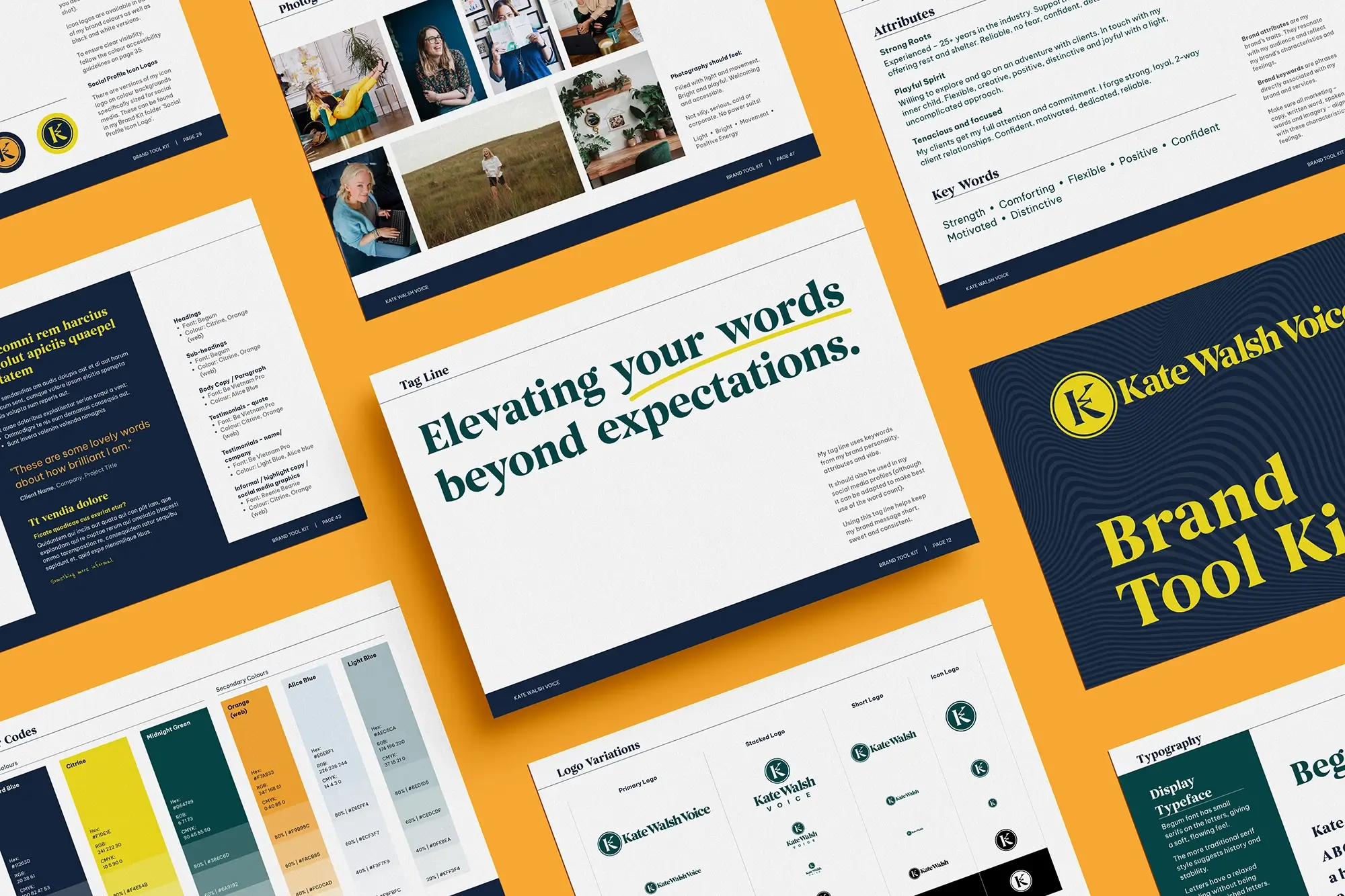 Pages from Kate Walsh voice brand guide kit.