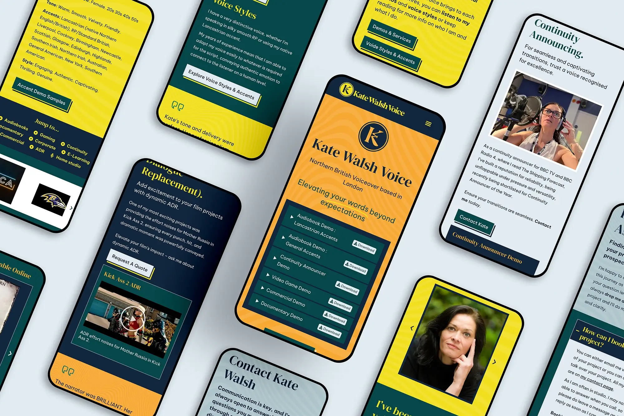 Kate Walsh voice website pages shown on mobile phones.