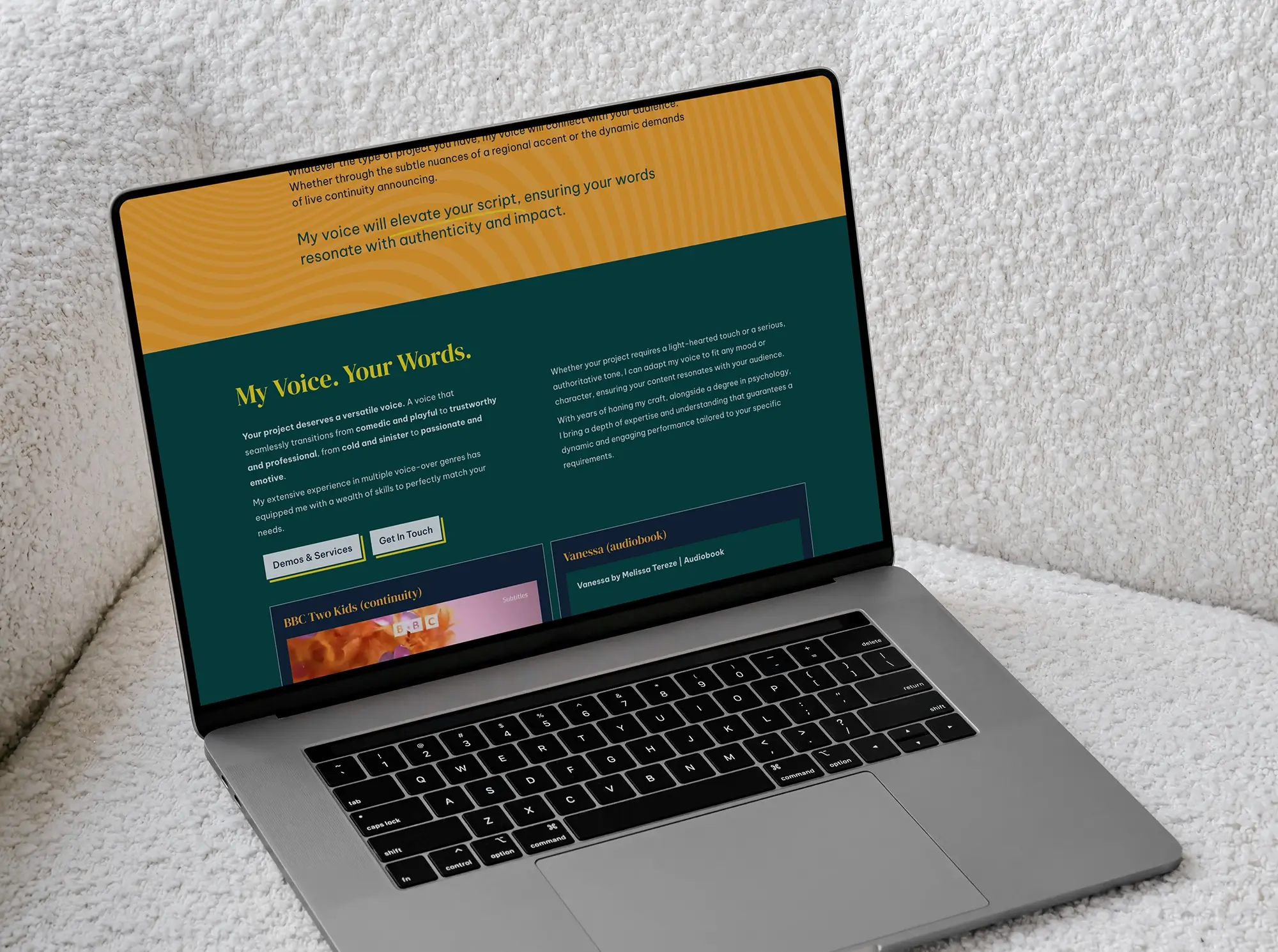 Kate Walsh voice website your voice section shown on laptop.