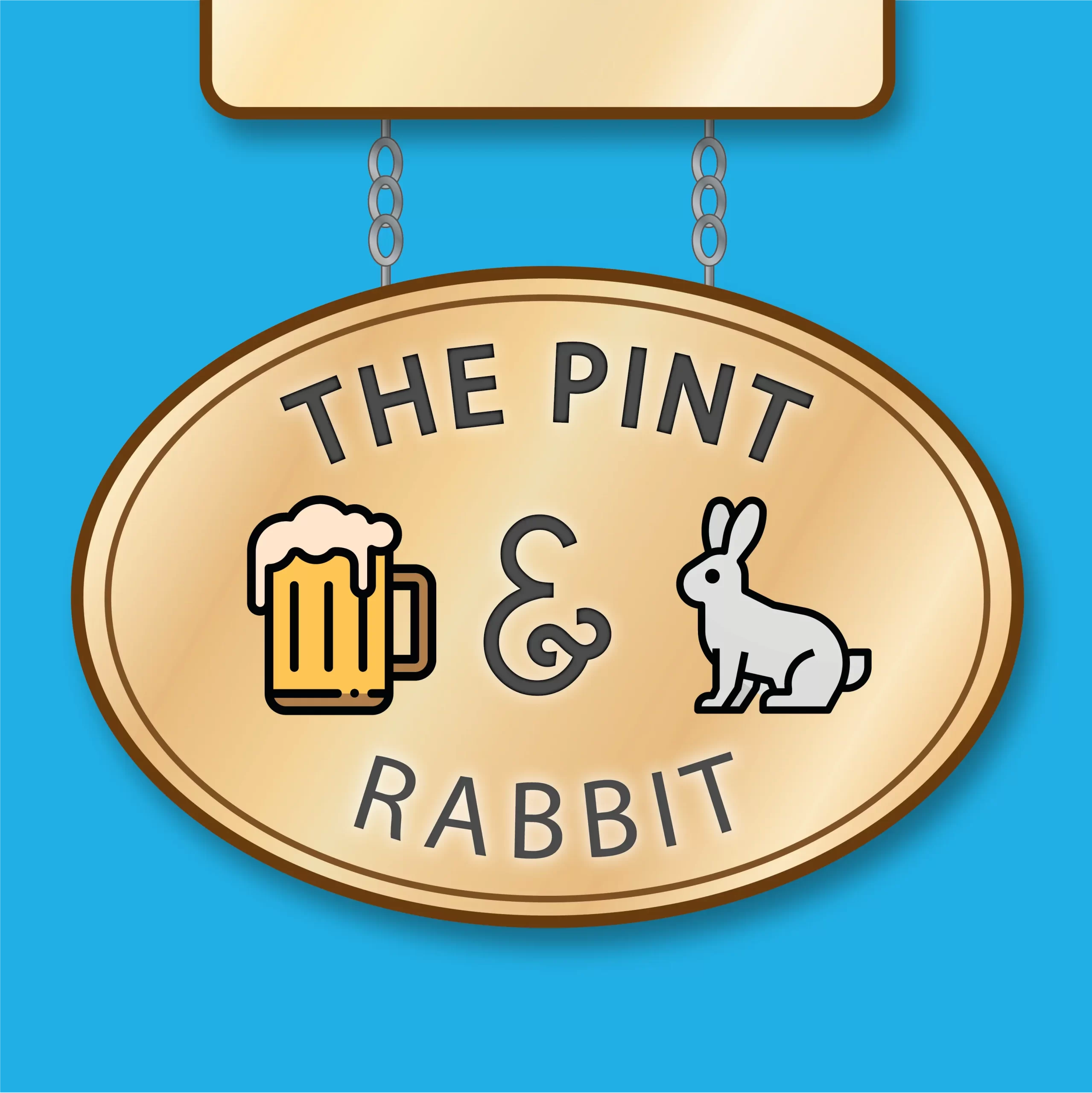 The pint and rabbit illustration of a pub style sign on a sky blue background.